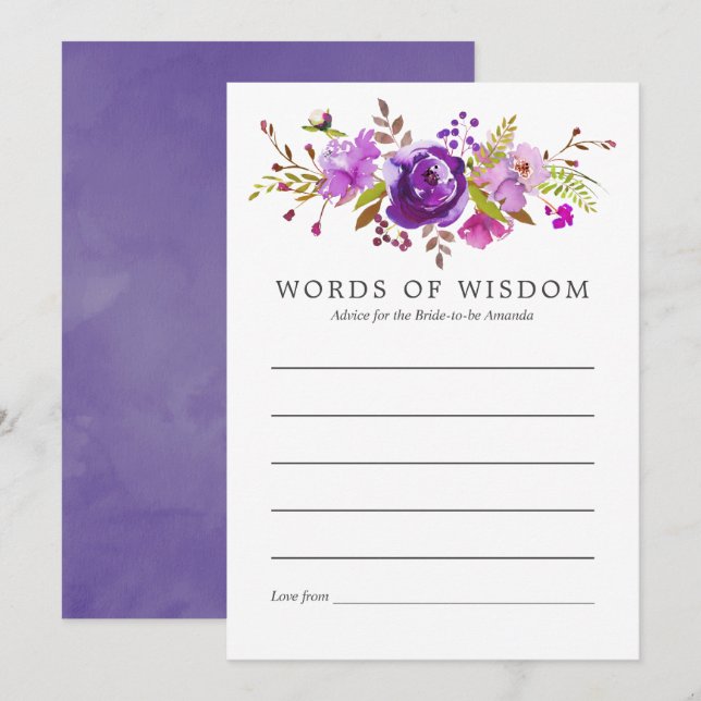 Purple and Violet Watercolor Bridal Shower Advice Invitation (Front/Back)
