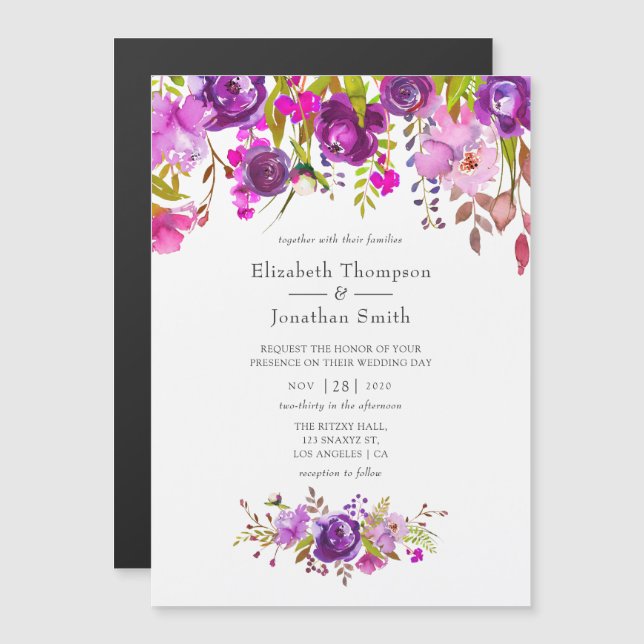 Purple and Violet Watercolor Floral Wedding Magnetic Invitation (Front/Back)