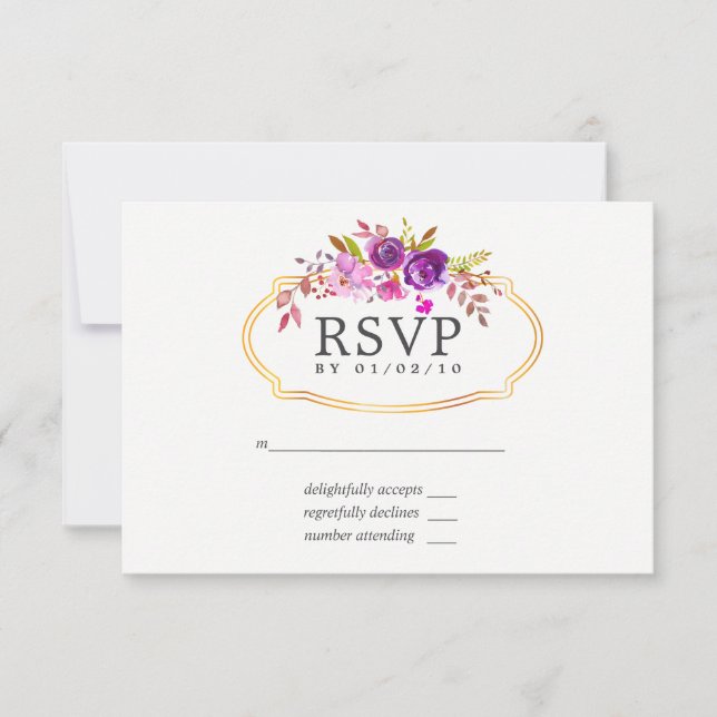 Purple and Violet Watercolor Floral Wedding RSVP (Front)