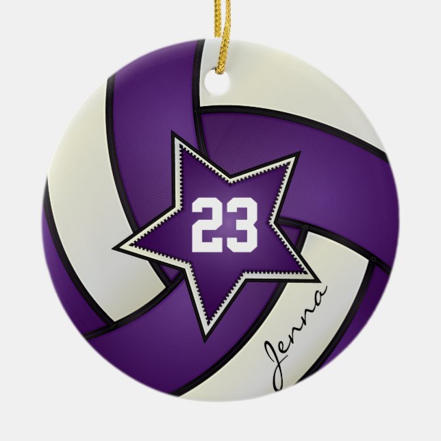 Purple and White All Star Volleyball Ceramic Tree Decoration (Front)