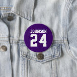 Purple and White Athlete Name Jersey Number 7.5 Cm Round Badge<br><div class="desc">Cheer on your favourite sports team, football player or just show off your school pride with a custom personalised spirit button! Add your school name or personalise with a player's name and jersey number. Perfect for football, basketball, baseball and soccer games! Create custom pins for the whole team, cheerleaders, parents...</div>