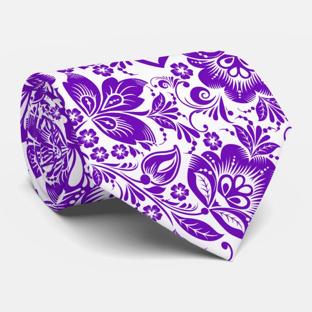 Purple And White Baroque Flowers Pattern Tie (Rolled)