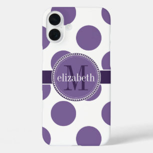 Purple and White Big Polka Dots Monogram iPhone 16 Plus Case