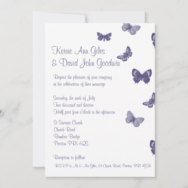 Purple and White Butterfly Wedding Invitation (Front)