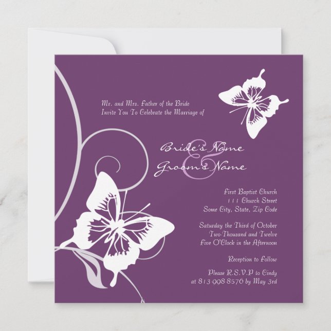 Purple and White Butterfly Wedding Invitation (Front)