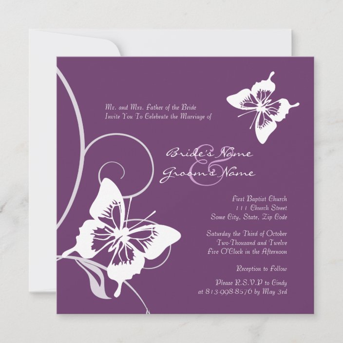 Purple and White Butterfly Wedding Invitation Zazzle.co.uk