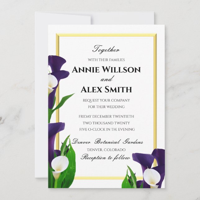 Purple and White Calla Lily Wedding Invitation (Front)