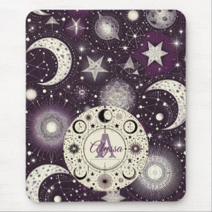 Purple and White Celestial Dreams: Moon and Stars Mouse Mat