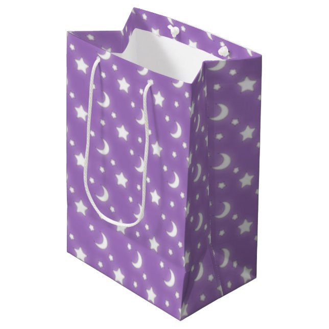 Purple and White Celestial Stars and Moons Pattern Medium Gift Bag (Front Angled)
