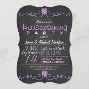 Purple and White Chalkboard Housewarming Party Invitation