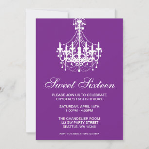 Purple and White Chandelier Sweet Sixteen Birthday Invitation