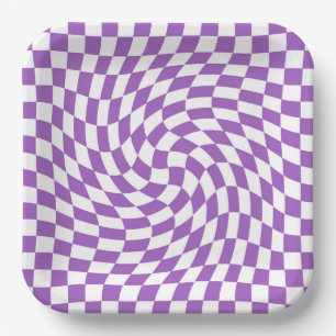 Purple and White Checkered Checkerboard Pattern Paper Plate