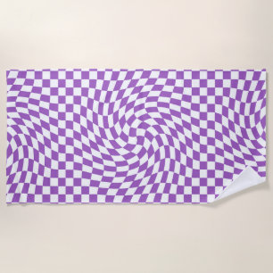 Purple and White Chequered Chequerboard Pattern Beach Towel