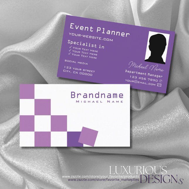 Purple and White Chessboard Modern with Photo Chic Business Card (Creator Uploaded)