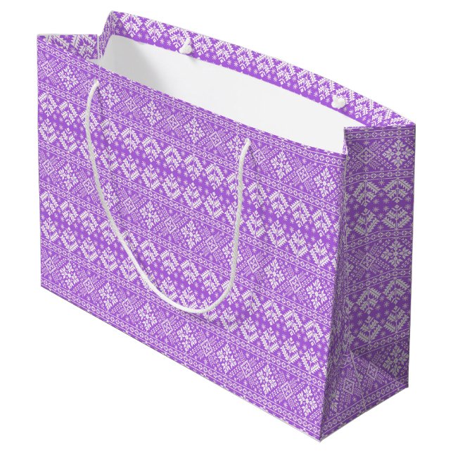 Purple and White Christmas Fair Isle Pattern Large Gift Bag (Back Angled)