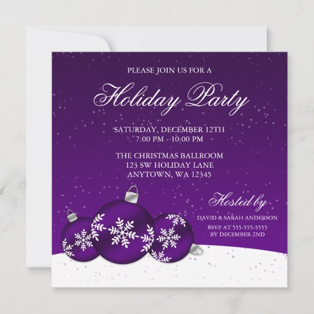 Purple and White Christmas Ornaments Holiday Party Invitation (Front)