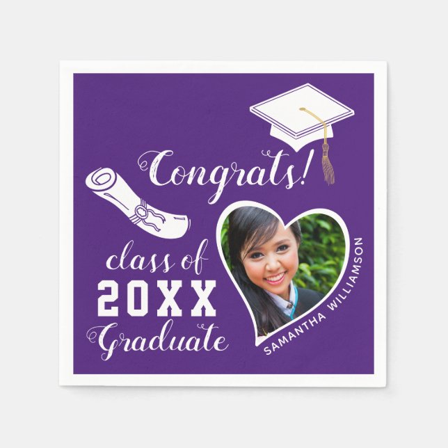 Purple and White Class 2025 Grad Photo Graduation Napkin (Front)