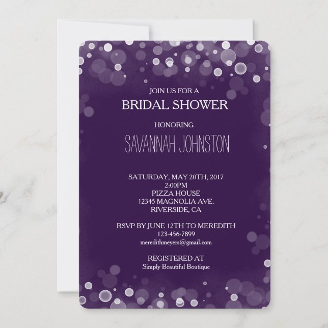 Purple and White Confetti Bokeh bridal shower Invitation (Front)
