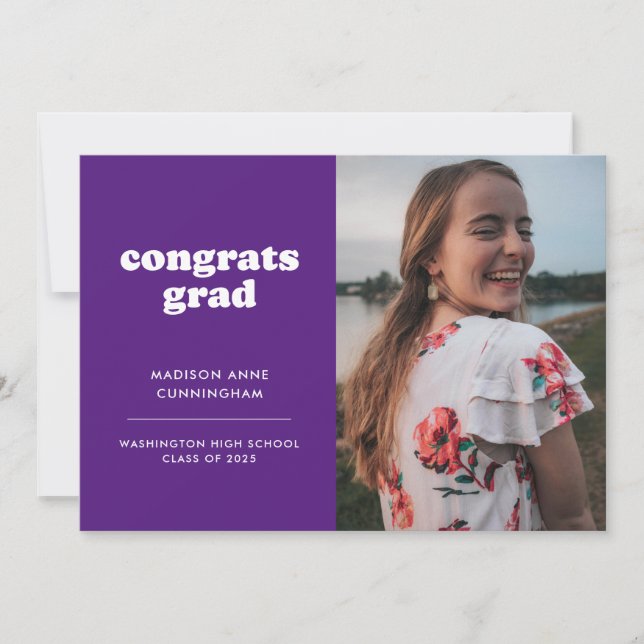 Purple and White Congrats Grad Photo Graduation Announcement (Front)