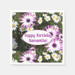 Purple and White Daisy Birthday Customizable Name Napkin
