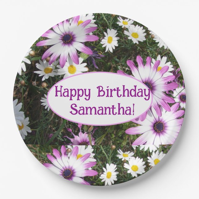 Purple and White Daisy Birthday Customizable Name Paper Plate (Front)