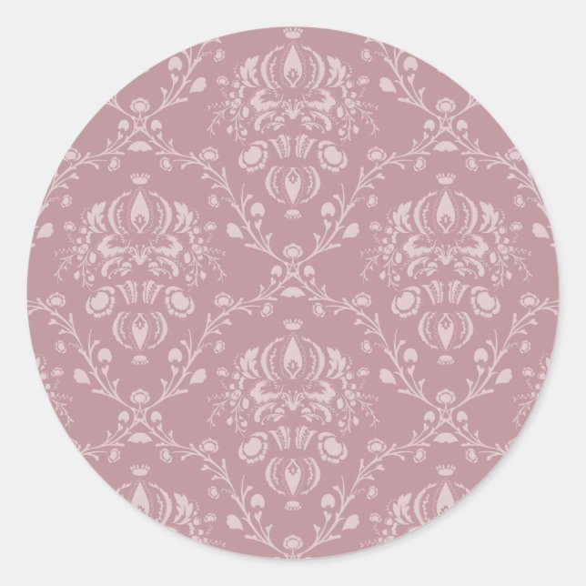 Purple and White Damask Classic Round Sticker (Front)