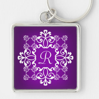 Purple and White Damask Monogrammed Key Chain
