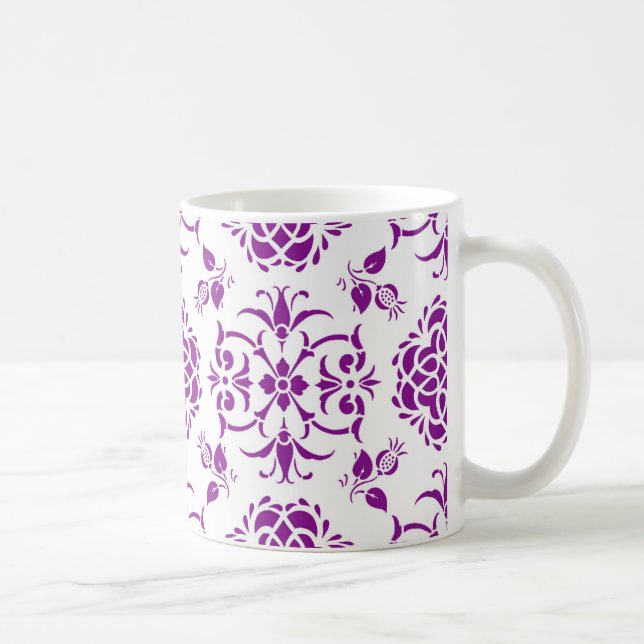 Purple and White Damask Style Pattern Coffee Mug (Right)