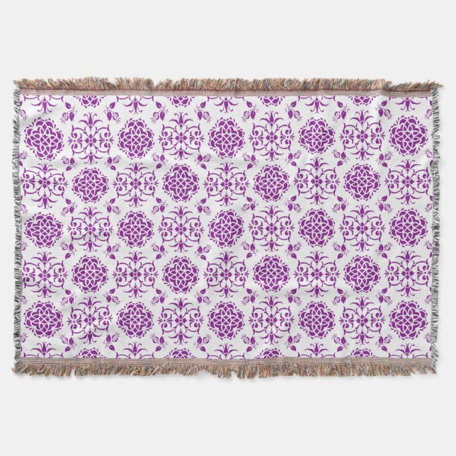 Purple and White Damask Style Pattern Throw Blanket (Front)