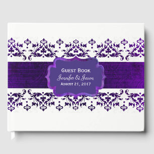 Purple and White Damask Wedding Guest Book