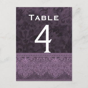 Purple and White Damask Wedding Table Number Card