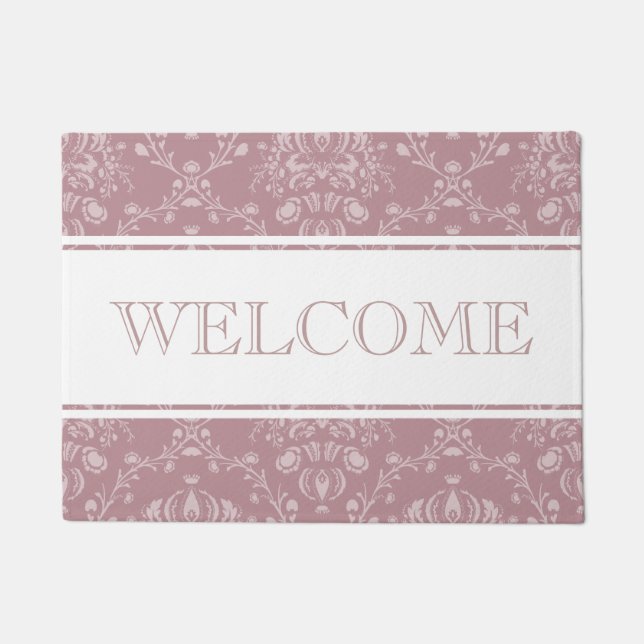 Purple and White Damask Welcome Doormat (Front)