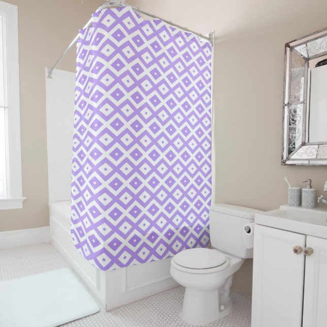 Purple and white diamond pattern shower curtain (In Situ)