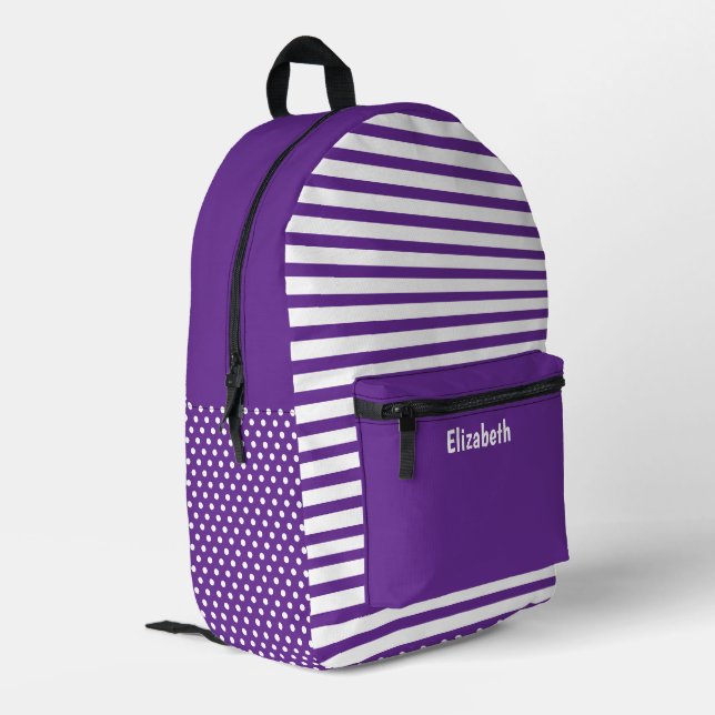 Purple and White Dots Dotted Striped Pattern Name Printed Backpack (Back Corner Left)