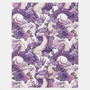 Purple and White Dragons and Roses Fleece Blanket