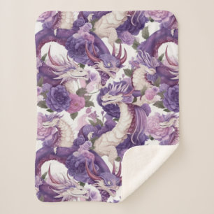 Purple and White Dragons and Roses Sherpa Blanket