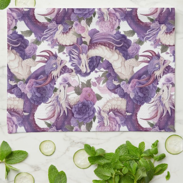 Purple and White Dragons and Roses Tea Towel (Folded)