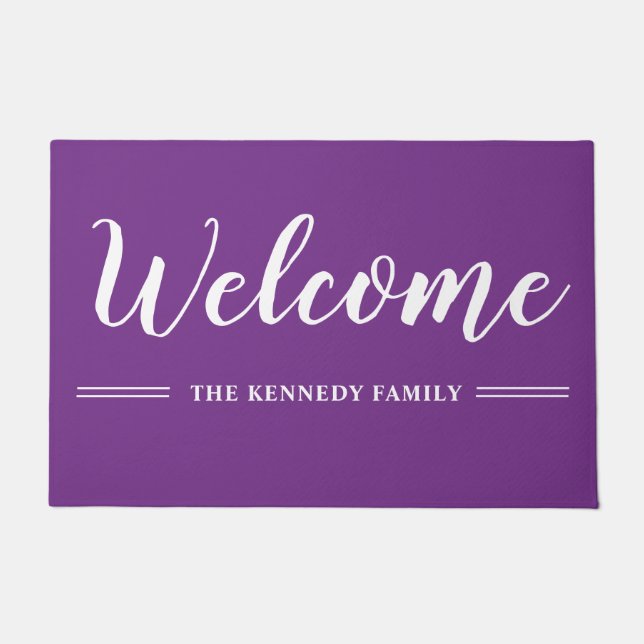 Purple And White Family Name Welcome   Doormat (Front)