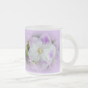 Purple and White Fancy African Violets Frosted Glass Coffee Mug