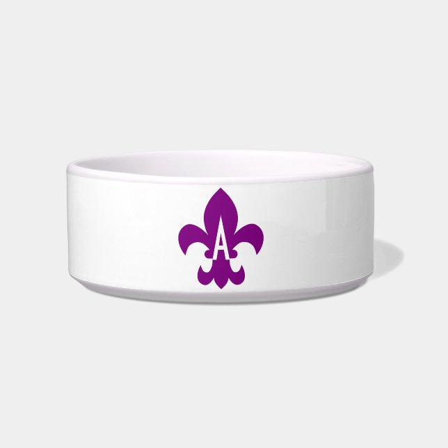 Purple and White Fleur de Lis Monogram Bowl (Front)