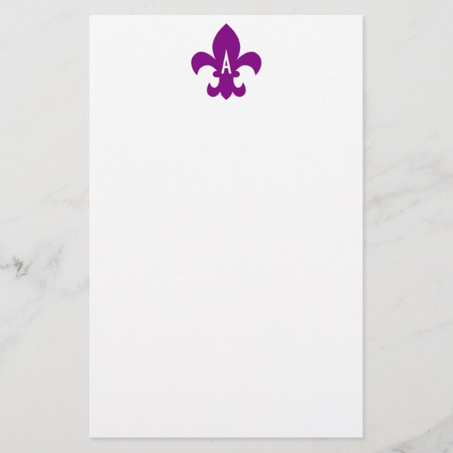 Purple and White Fleur de Lis Monogram Stationery (Front)