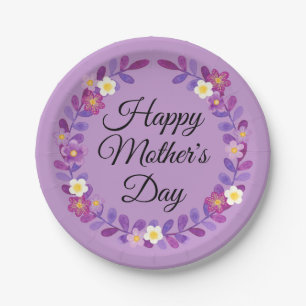 Purple and White Floral and Leaves Mother's Day Paper Plate