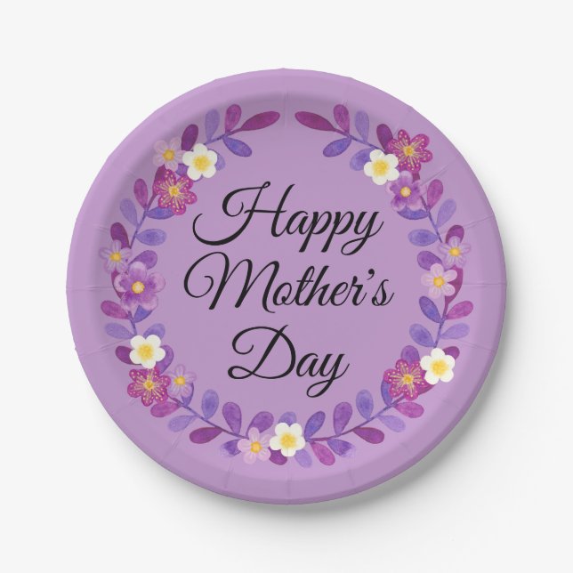 Purple and White Floral and Leaves Mother's Day Paper Plate (Front)