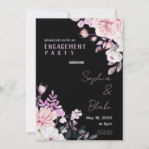 Purple and White Floral Black Engagement Party Invitation