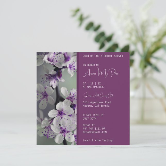 Purple and White Floral Bridal Shower Invitation (Standing Front)