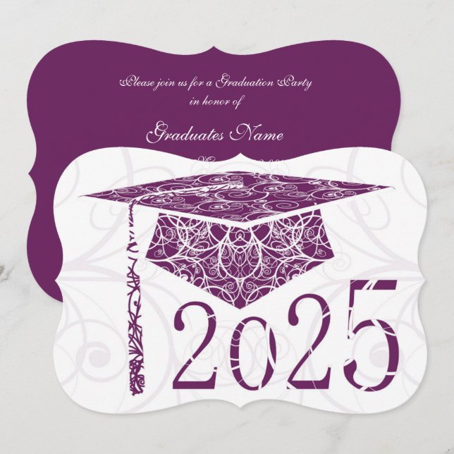 Purple and White Floral Cap 2025 Graduation Party Invitation (Front/Back)