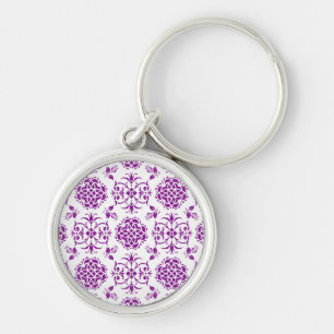 Purple and White Floral Damask Style Pattern Key Ring