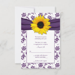 Purple and White Floral Damask Wedding Reply Card