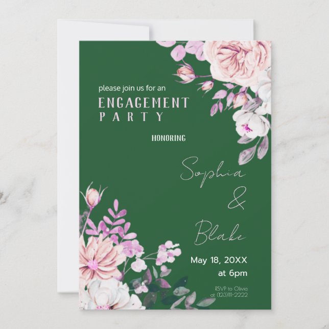 Purple and White Floral Green Engagement Party Invitation (Front)