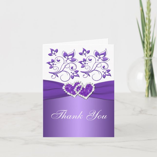 Purple and White Floral Joined Hearts Thank You Card (Front)